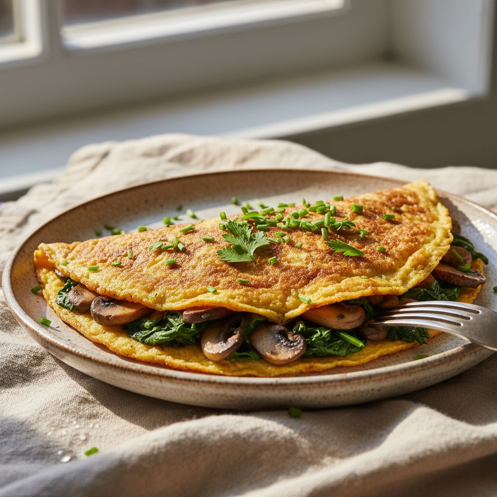 golden vegan chickpea flour omelet filled with mushrooms and spinach on a plate