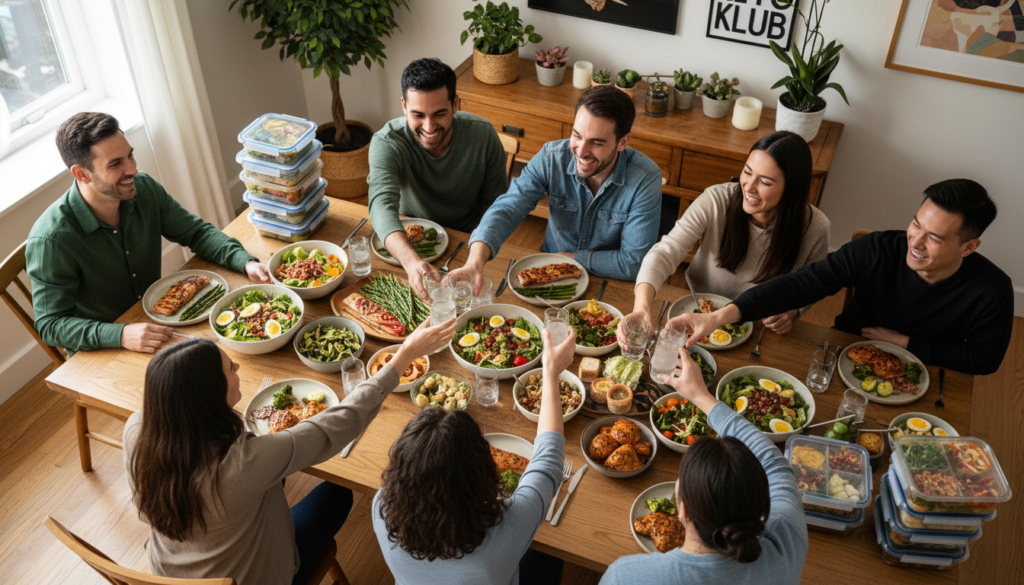 group of people sharing keto meals at a table