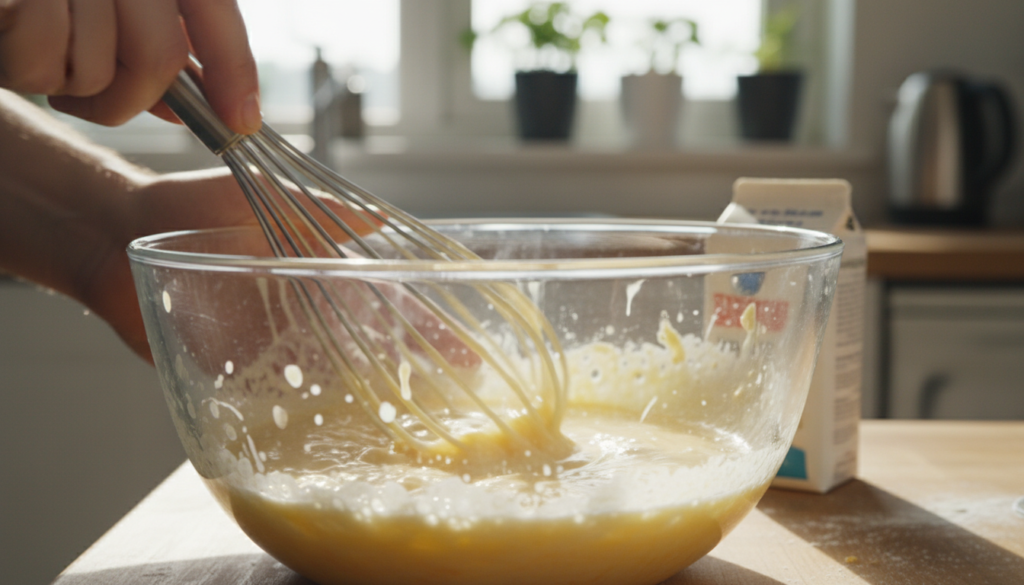 hands whisking eggs and heavy cream in glass bowl for keto breakfast casserole