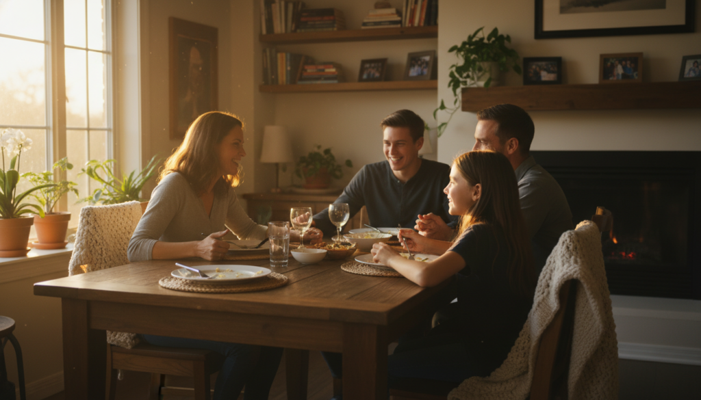 happy family finishing keto dinner together happy family finishing keto dinner together