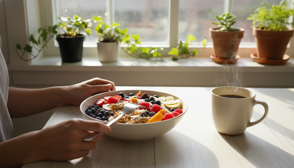 happy person enjoying a beautiful vegan breakfast in bright morning light