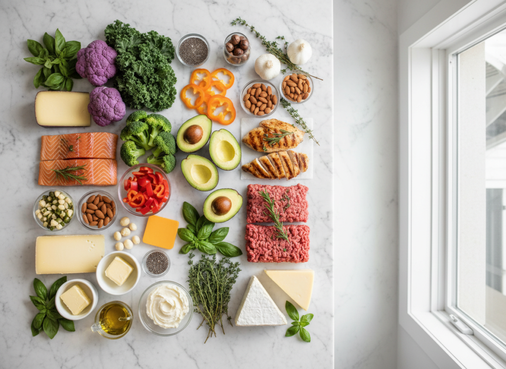 healthy keto ingredients arranged on kitchen counter including vegetables and protein healthy keto ingredients arranged on kitchen counter including vegetables and protein