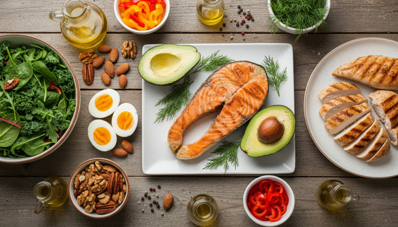 healthy keto meal plan with colorful vegetables and proteins arranged on a wooden table