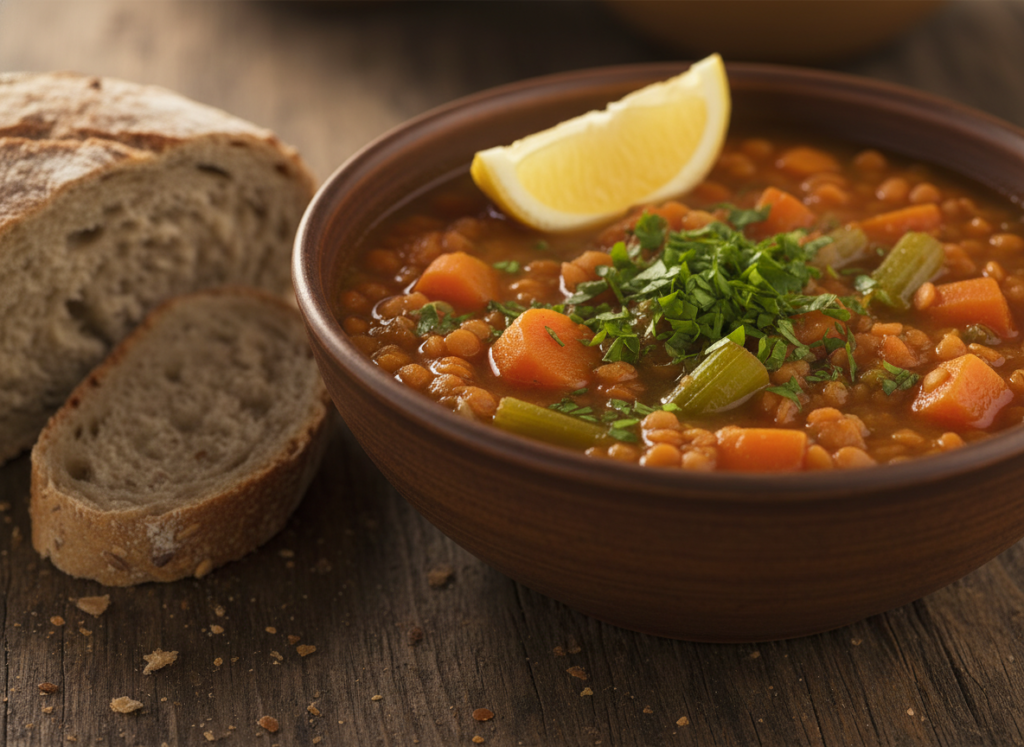 hearty lentil soup with vegetables in rustic bowl, garnished with fresh herbs