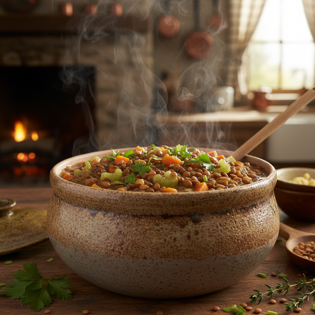 hearty lentil stew in ceramic pot hearty lentil stew in ceramic pot