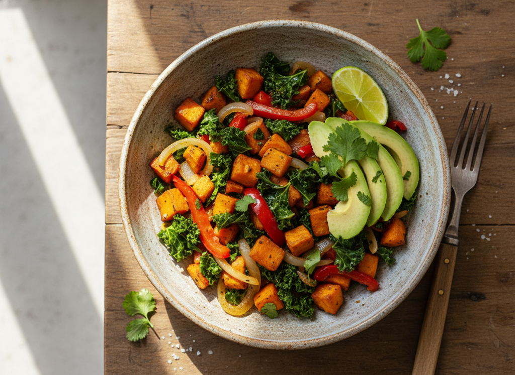 hearty sweet potato hash with roasted vegetables and fresh herbs in a bowl