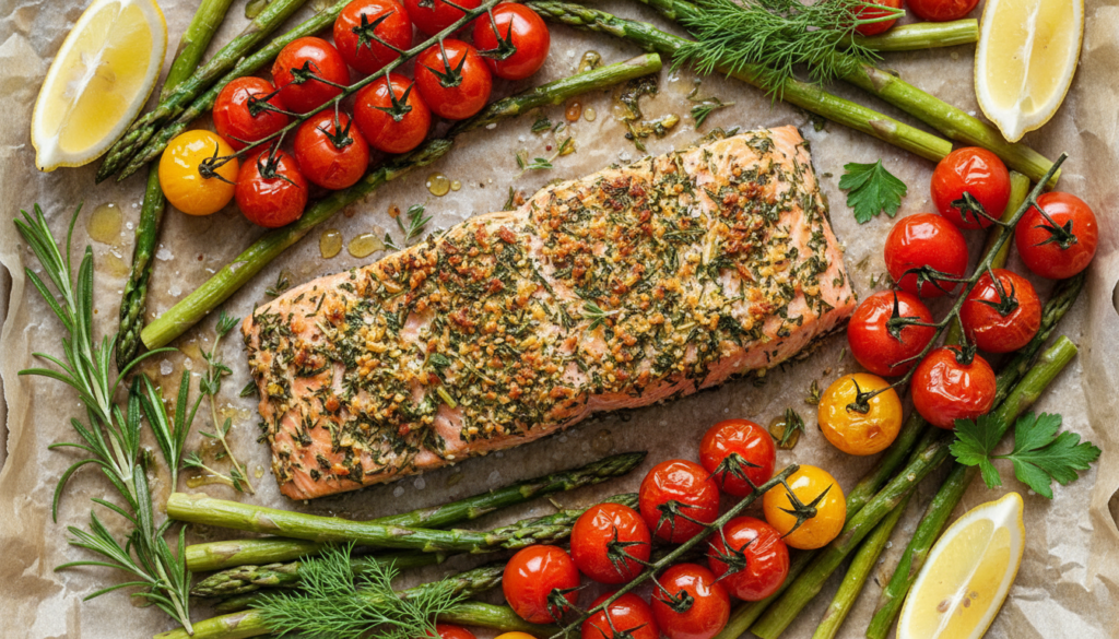herb-crusted baked salmon on parchment paper with vegetables herb-crusted baked salmon on parchment paper with vegetables