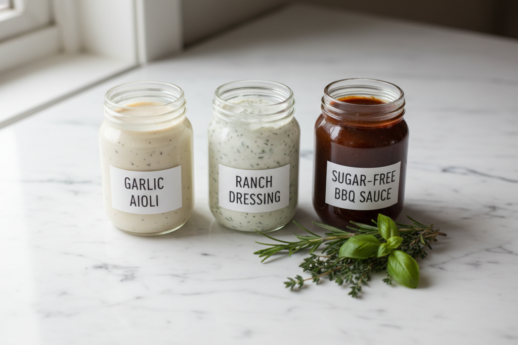 homemade keto sauces in glass jars