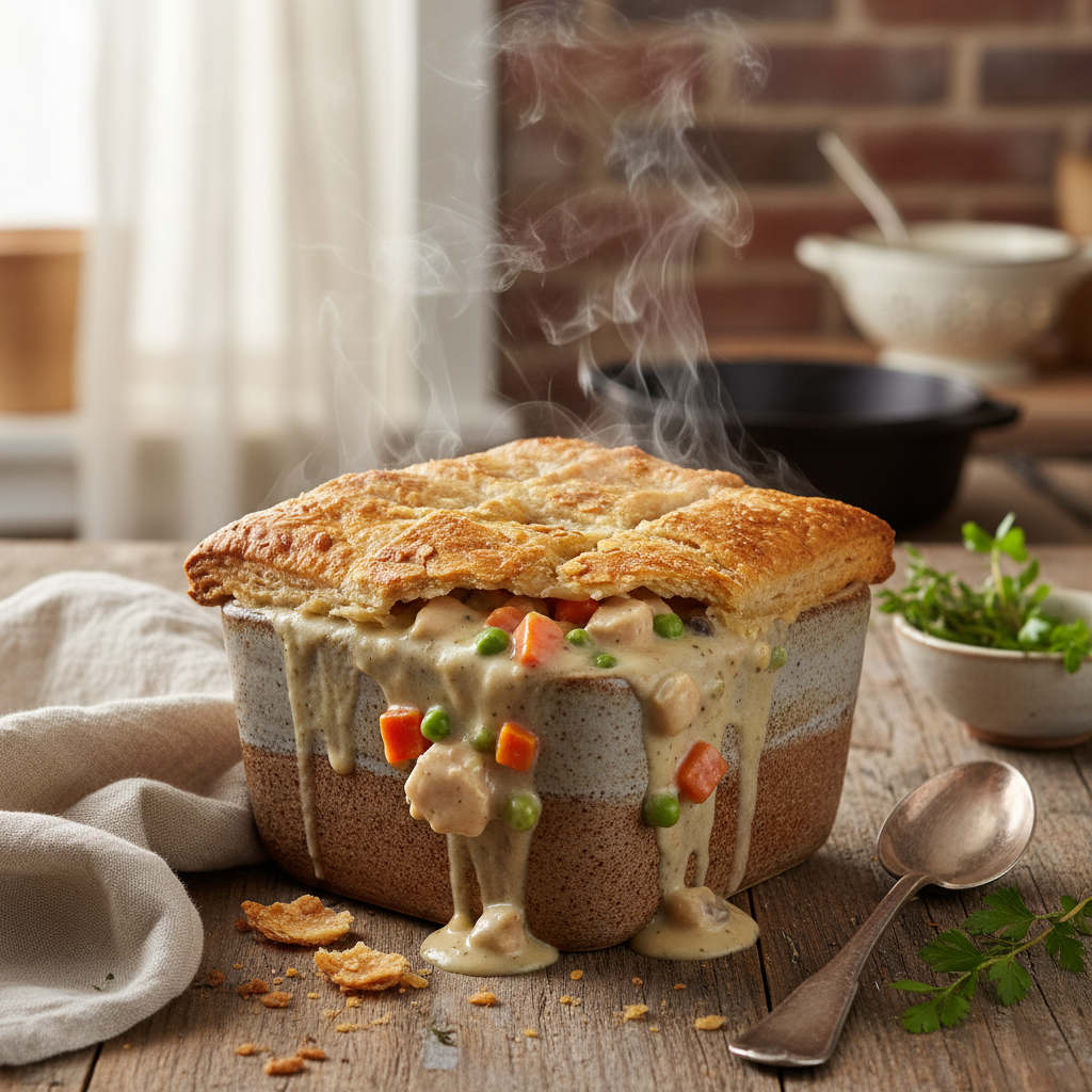 individual chicken pot pie with almond flour crust in ramekin