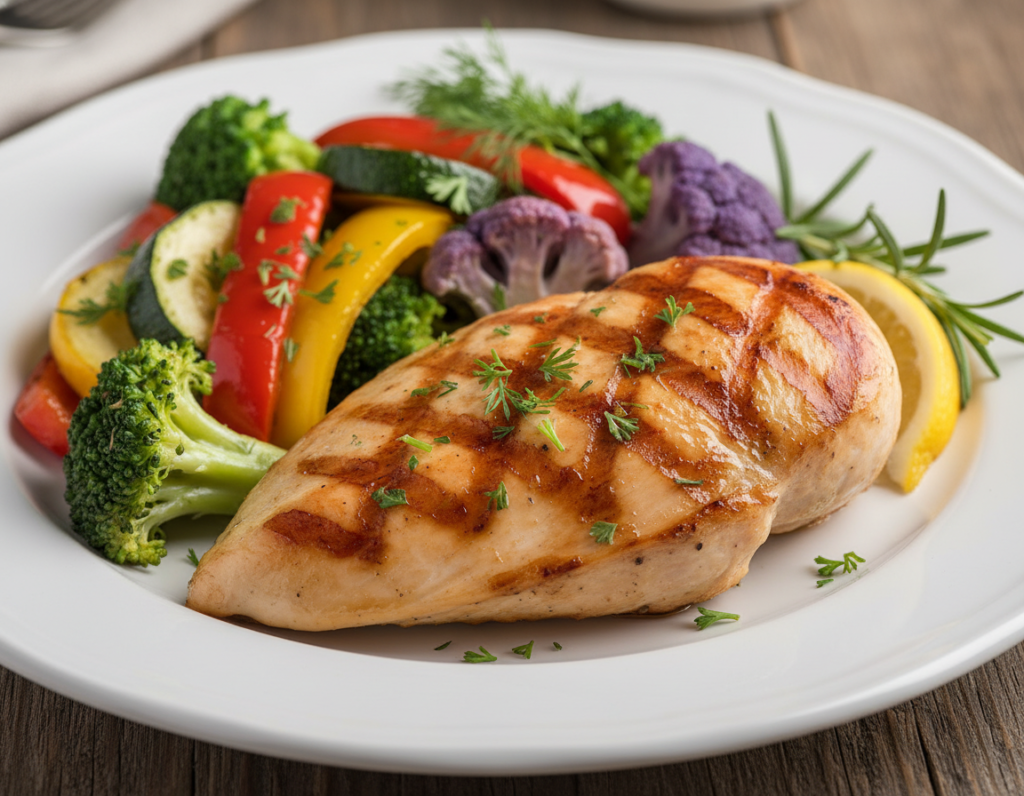 juicy grilled chicken breast with roasted vegetables on white plate juicy grilled chicken breast with roasted vegetables on white plate