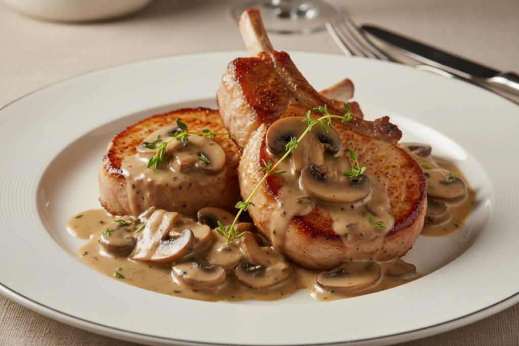 juicy pork chops covered in creamy mushroom sauce