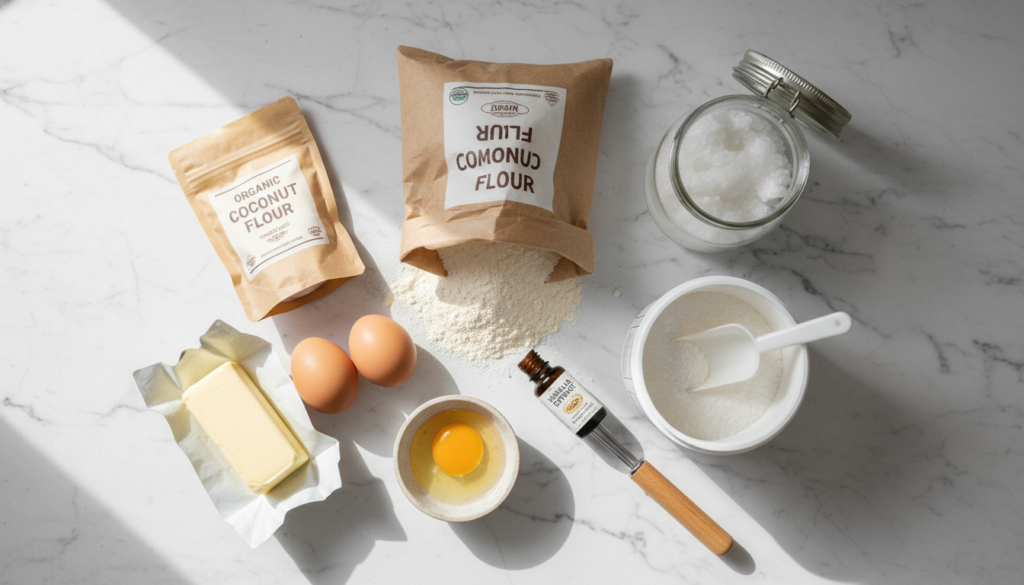 keto baking ingredients including almond flour, coconut oil, and erythritol arranged on counter
