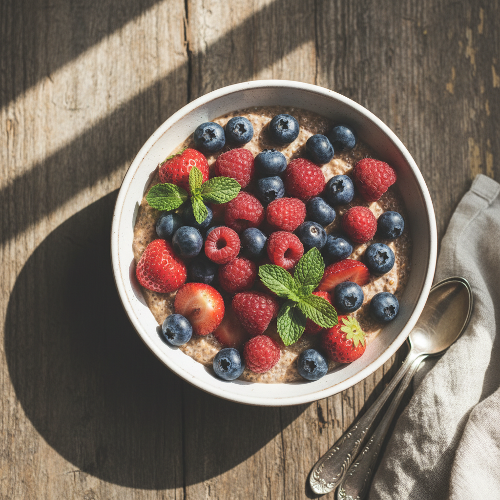 keto berry dessert topped with mixed berries and mint