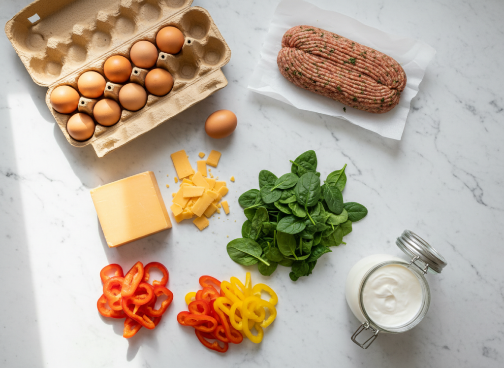 keto breakfast casserole ingredients arranged on counter including eggs sausage cheese vegetables