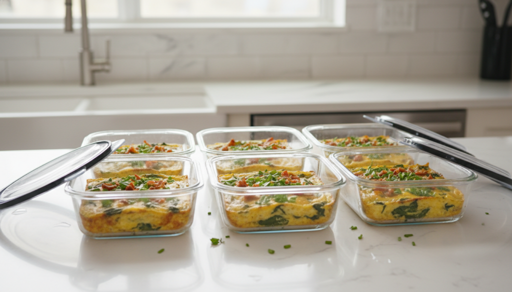 keto breakfast casserole portions in glass meal prep containers