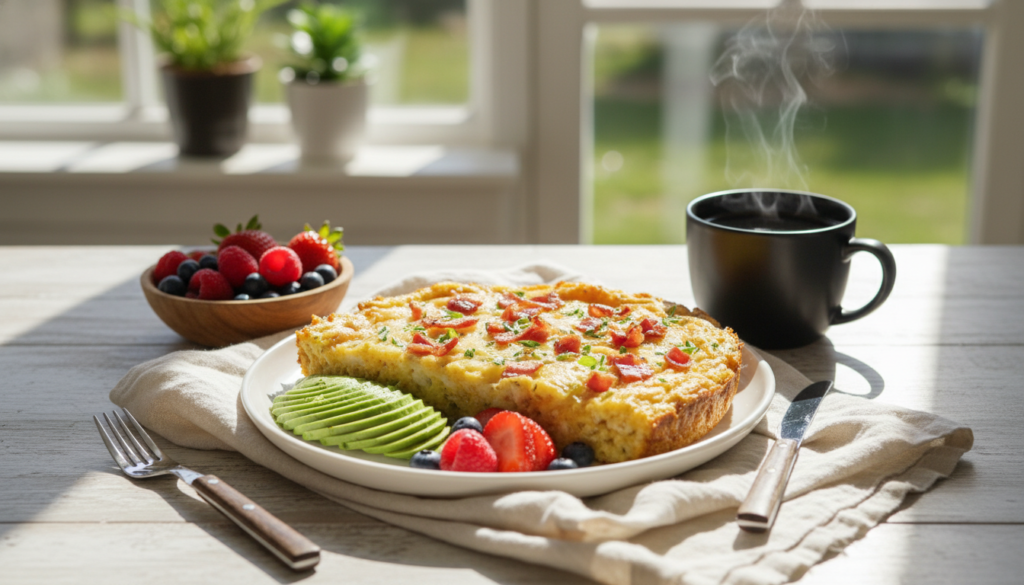 keto breakfast casserole served with avocado and coffee on breakfast table