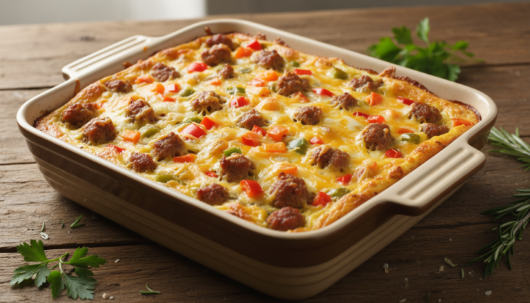 keto breakfast casserole with eggs sausage and cheese fresh from oven