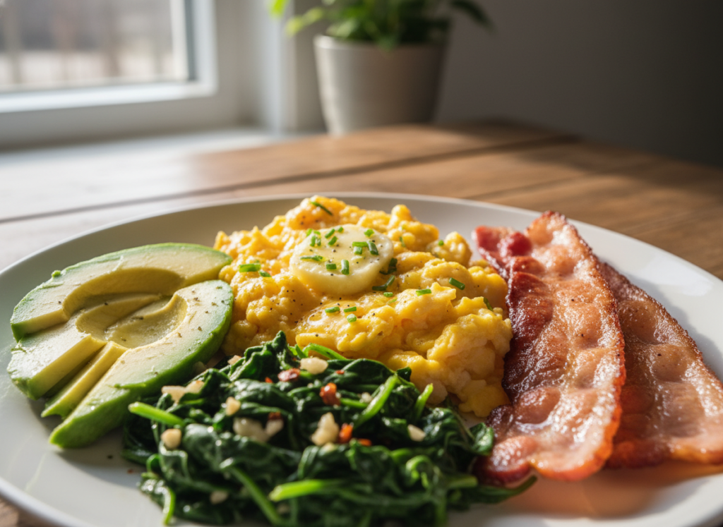 keto breakfast meal with eggs, bacon, avocado and vegetables