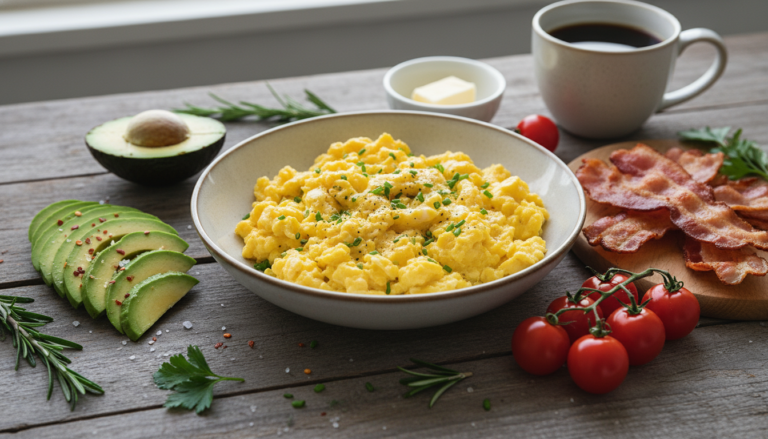 keto breakfast spread with scrambled eggs, avocado, and bacon on wooden table