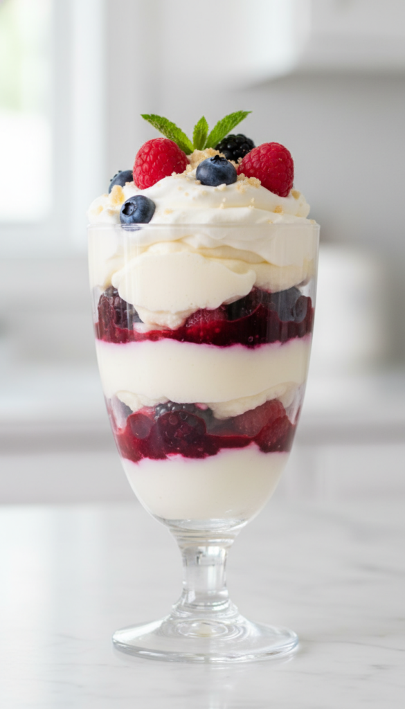 keto cheesecake parfait in glass with berry layers