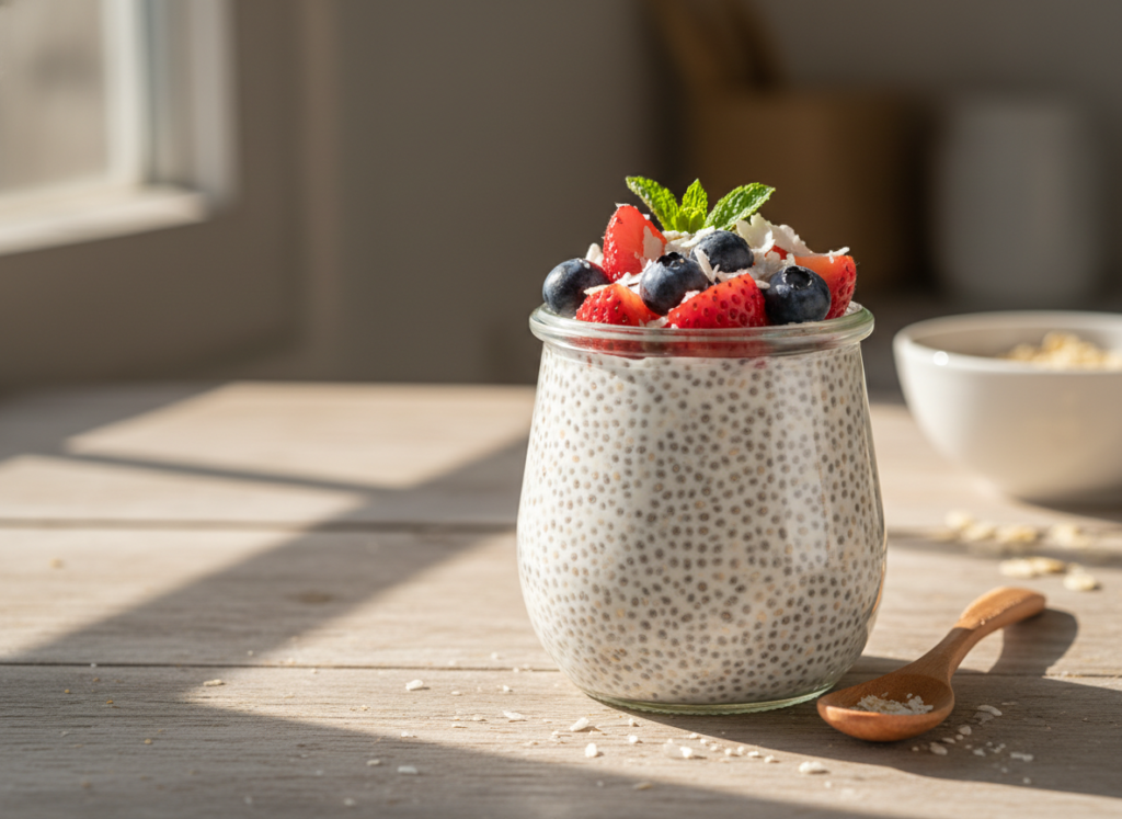 keto chia pudding topped with berries and coconut