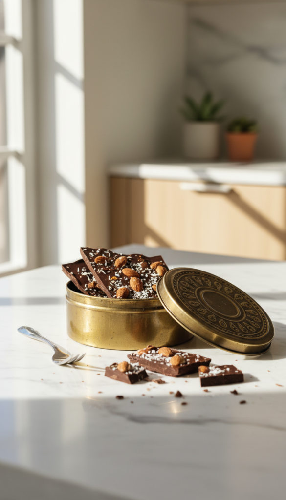 keto chocolate bark in decorative tin