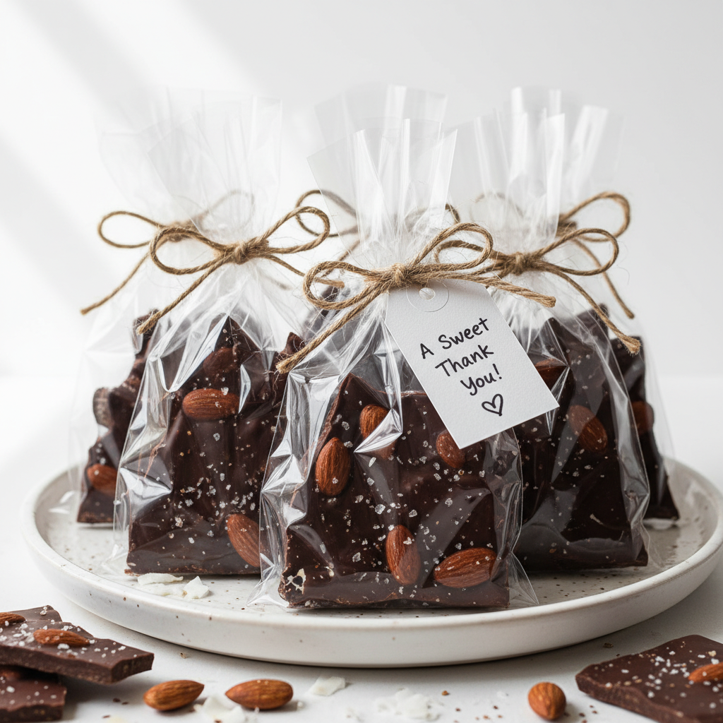 keto chocolate bark packaged as gifts