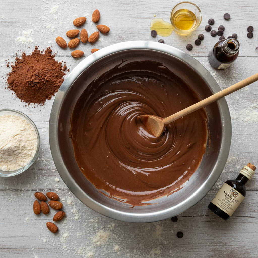 keto chocolate cake batter in mixing bowl keto chocolate cake batter in mixing bowl