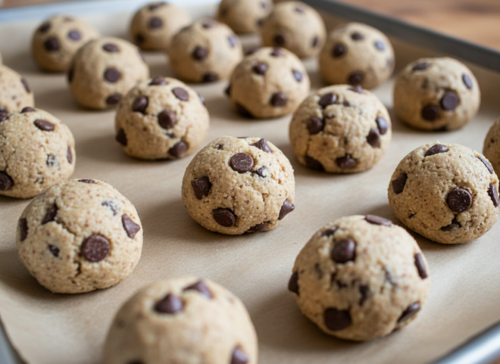 keto chocolate chip cookie dough on baking sheet keto chocolate chip cookie dough on baking sheet