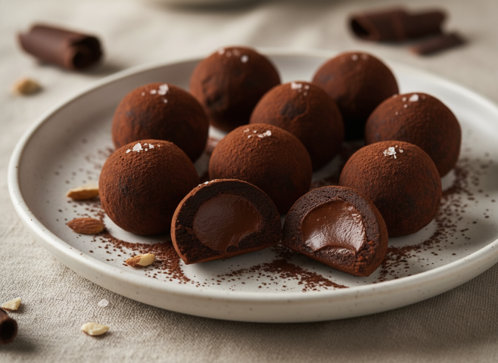 keto chocolate truffles arranged on white plate dusted with cocoa