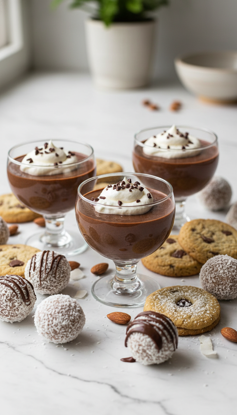 keto dessert assortment with chocolate mousse and fat bombs