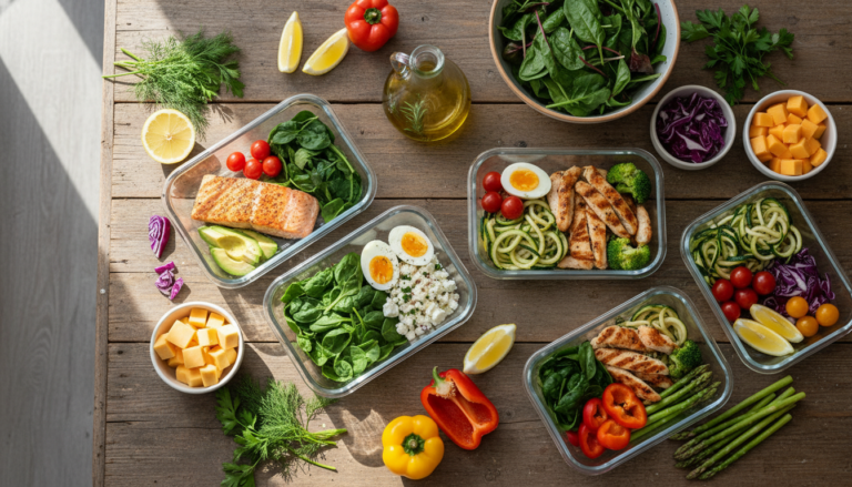 keto diet for beginners meal plan with fresh vegetables, proteins, and healthy fats arranged on a wooden table
