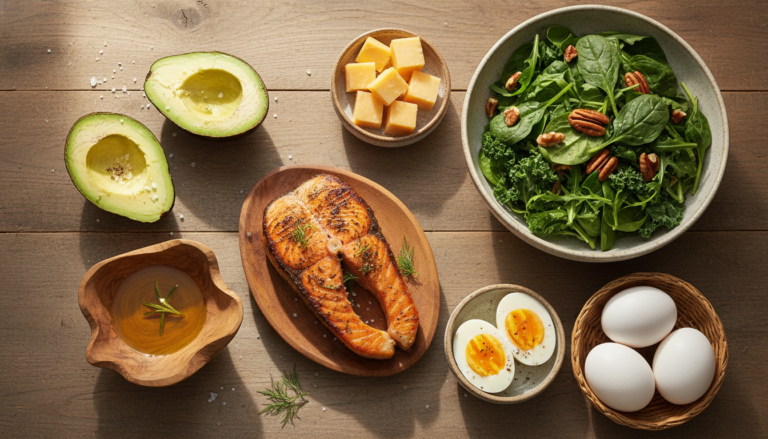 keto diet for beginners showing various low carb foods arranged on a wooden table