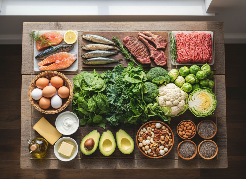 keto diet friendly foods including meats, fish, eggs, vegetables, and healthy fats