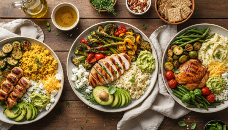 keto dinner ideas featuring colorful low-carb meals on rustic wooden table
