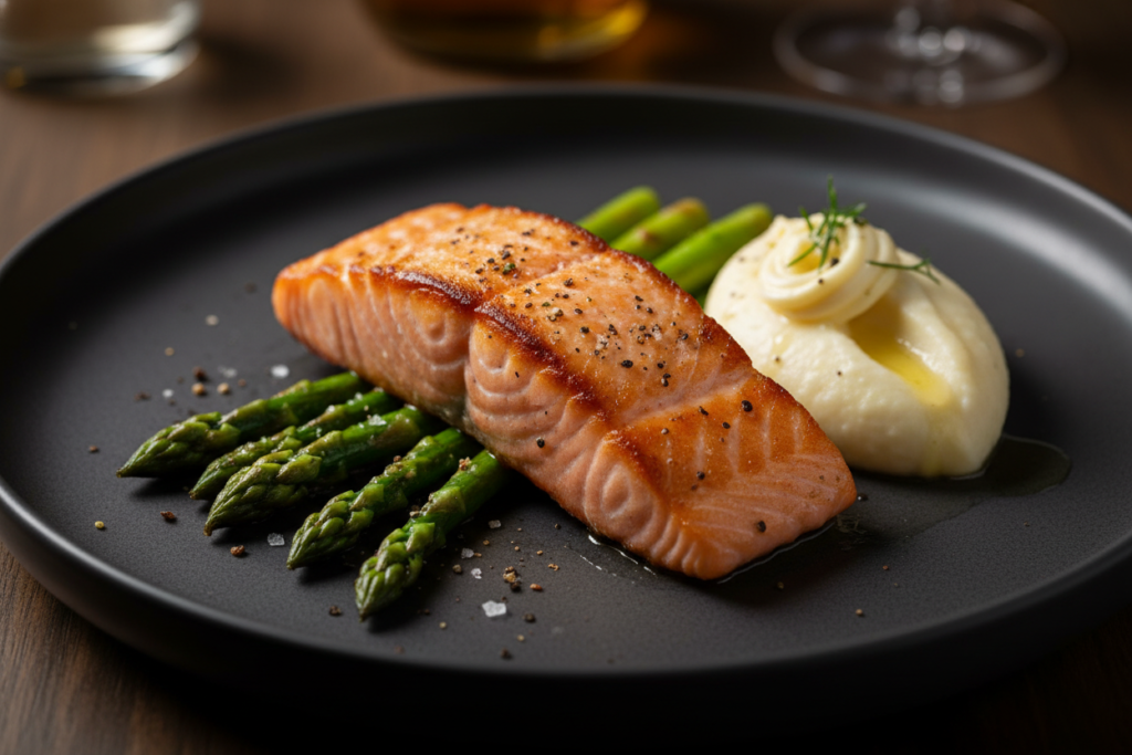 keto dinner with salmon, asparagus and butter sauce