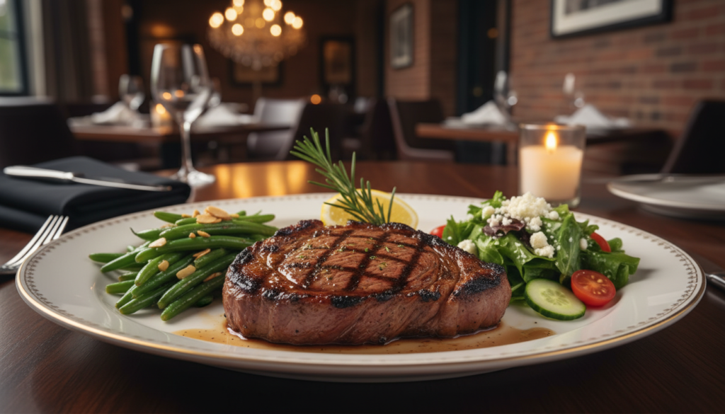 keto-friendly restaurant meal with grilled meat and vegetables