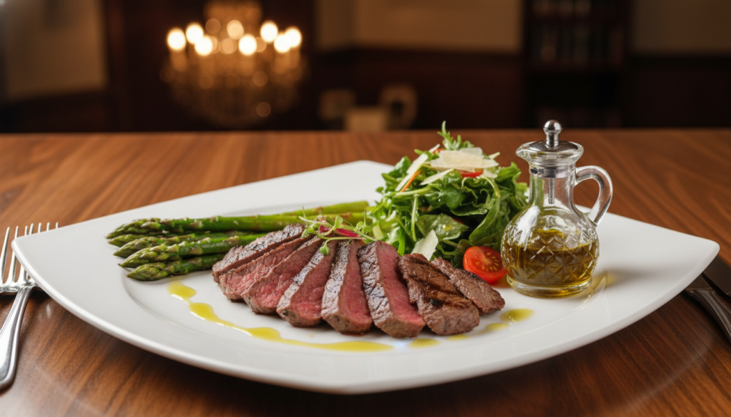 keto-friendly restaurant meal with steak and vegetables
