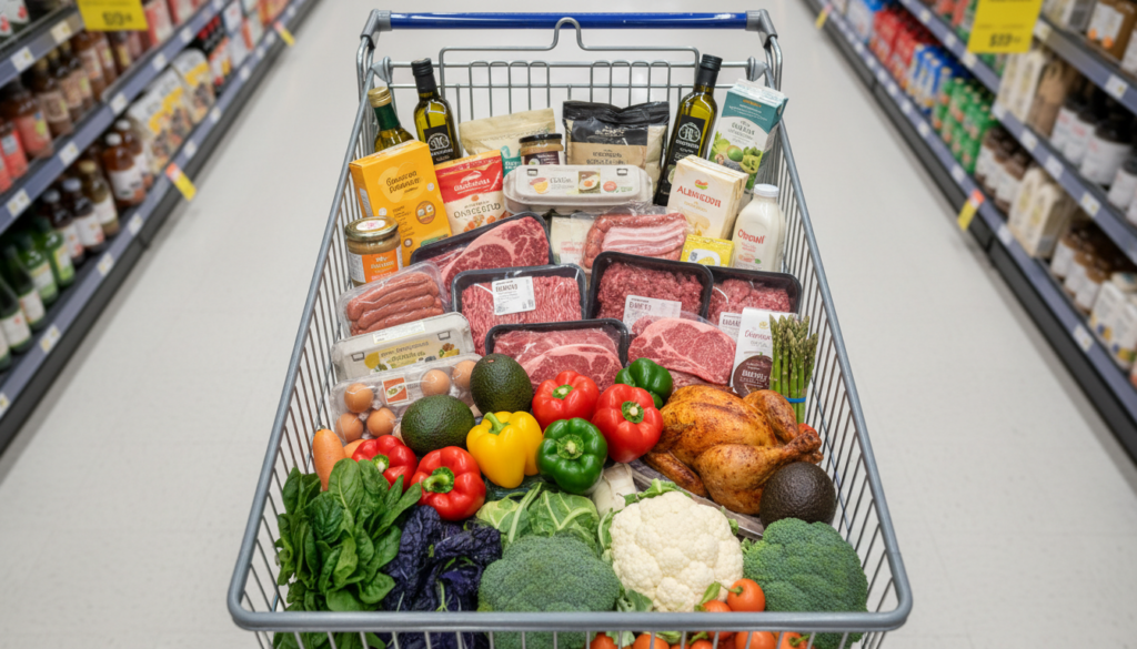 keto grocery shopping cart filled with fresh meats, vegetables and healthy fats