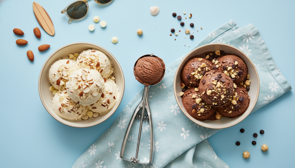 keto ice cream in bowls with various toppings