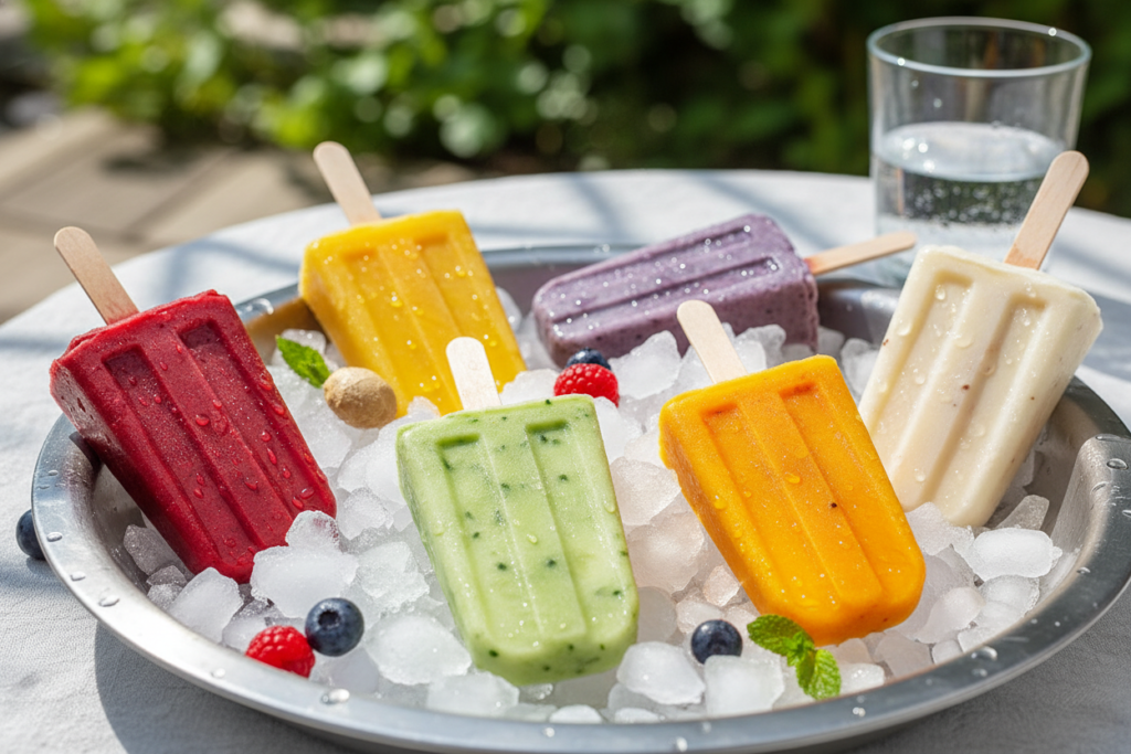 keto ice cream popsicles on a tray with ice