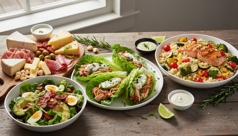 keto lunch ideas featuring colorful salad bowls and wrapped sandwiches