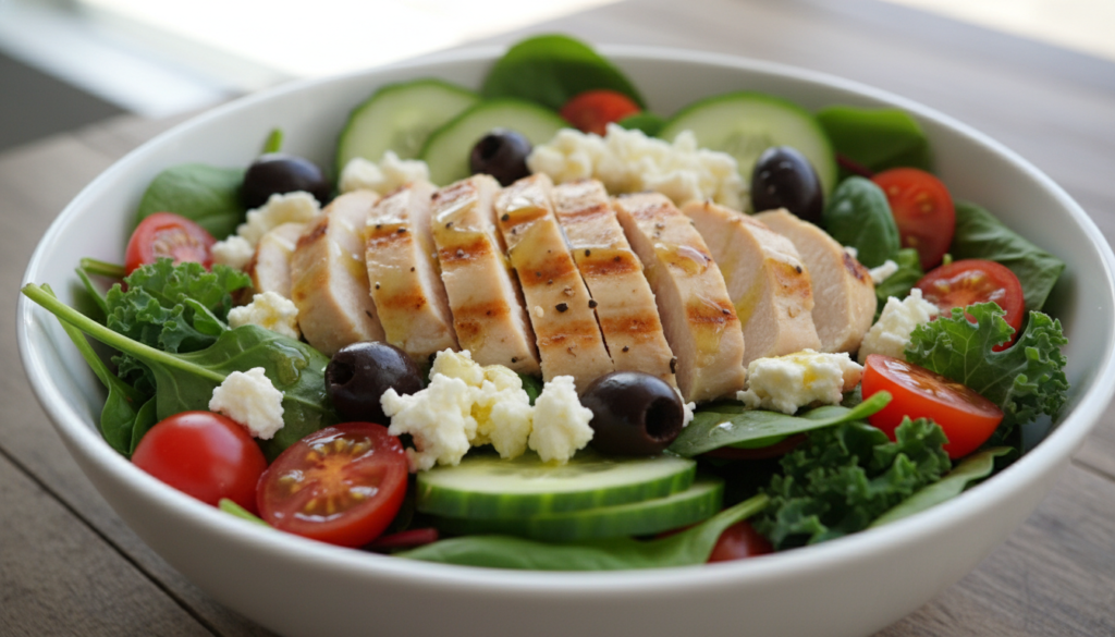 keto lunch meal with grilled chicken, salad and healthy fats