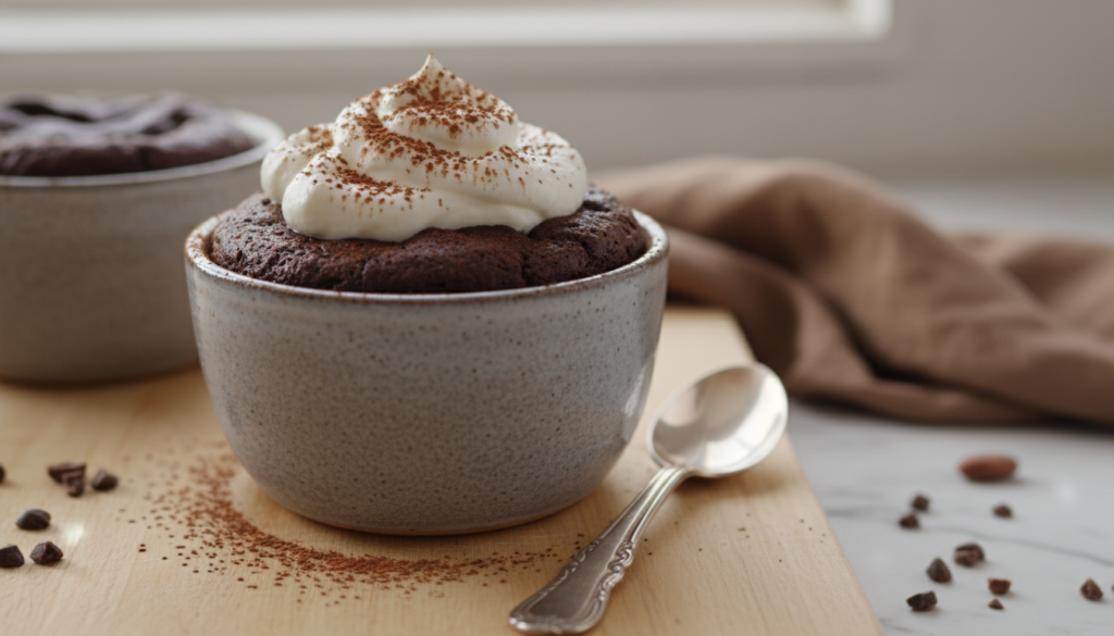 keto mug cake with whipped cream in microwave-safe mug