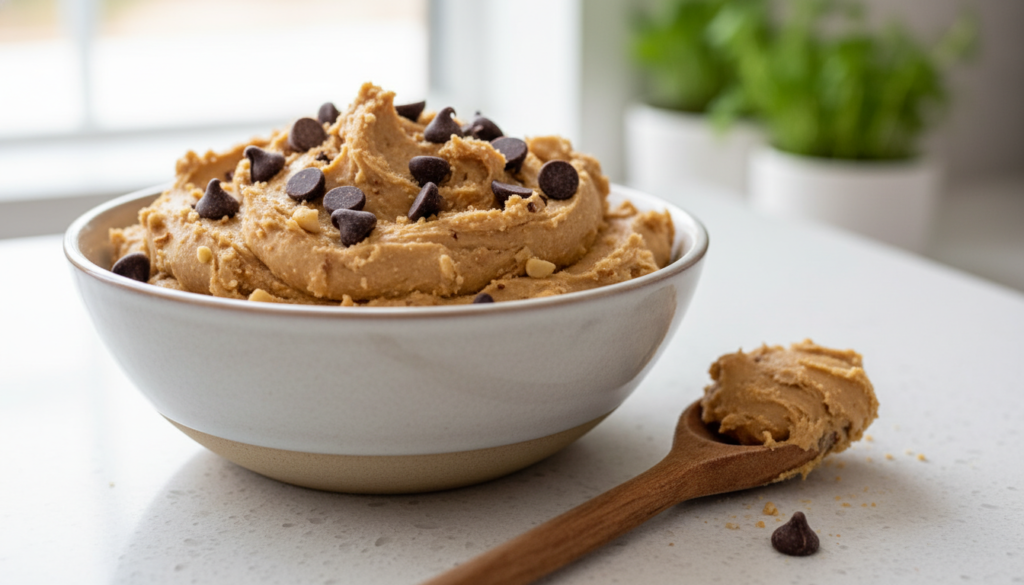 keto peanut butter cookie dough in bowl with chocolate chips