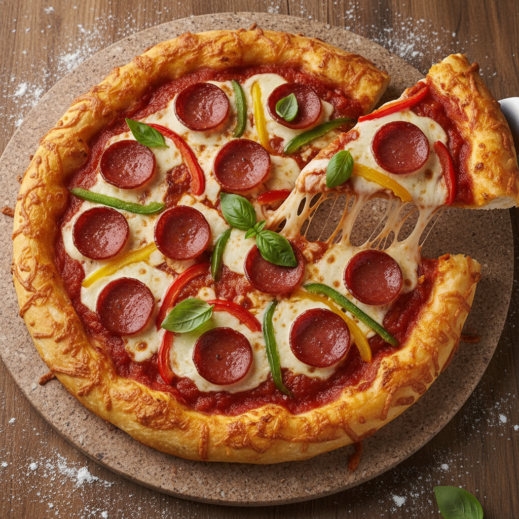 keto pizza made with cheese-based crust topped with pepperoni and vegetables