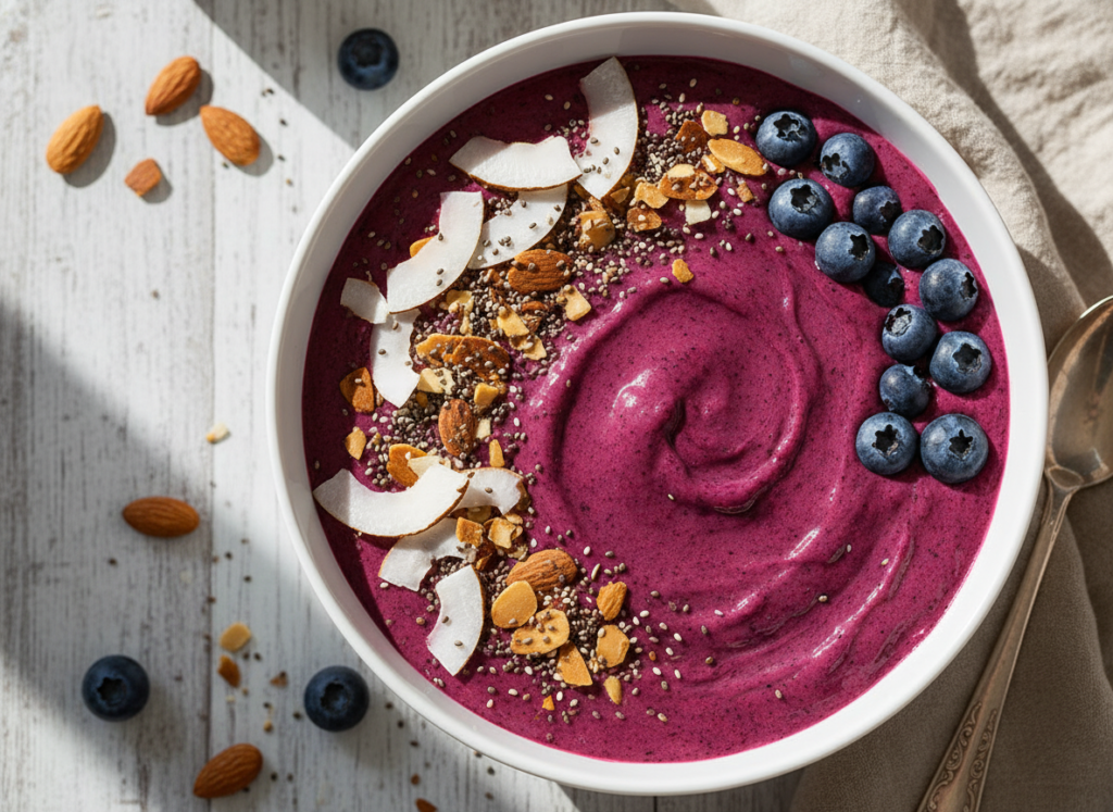 keto smoothie bowl topped with nuts and seeds