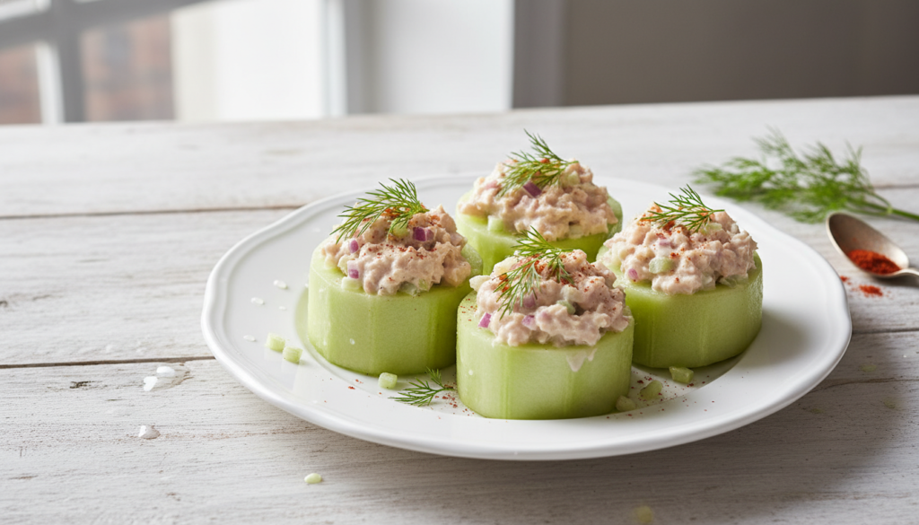 keto tuna salad served in cucumber boats keto tuna salad served in cucumber boats
