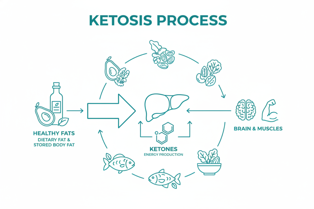 ketogenic diet concept showing the metabolic process of ketosis with healthy fats and low-carb foods