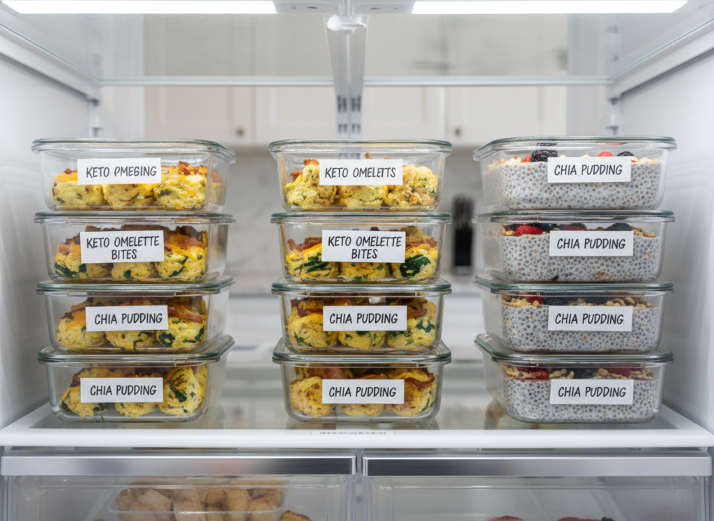 labeled glass containers stacked in refrigerator